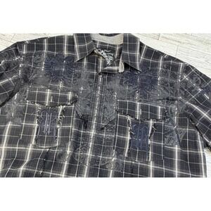 ROAR Embroidered Plaid Button Front Short Sleeve Shirt Western Black White XL